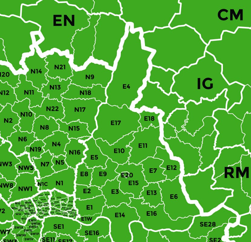 A map detailing the postcode areas Away With It cover