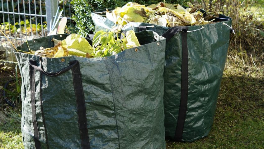 Garden waste removal bags in garden